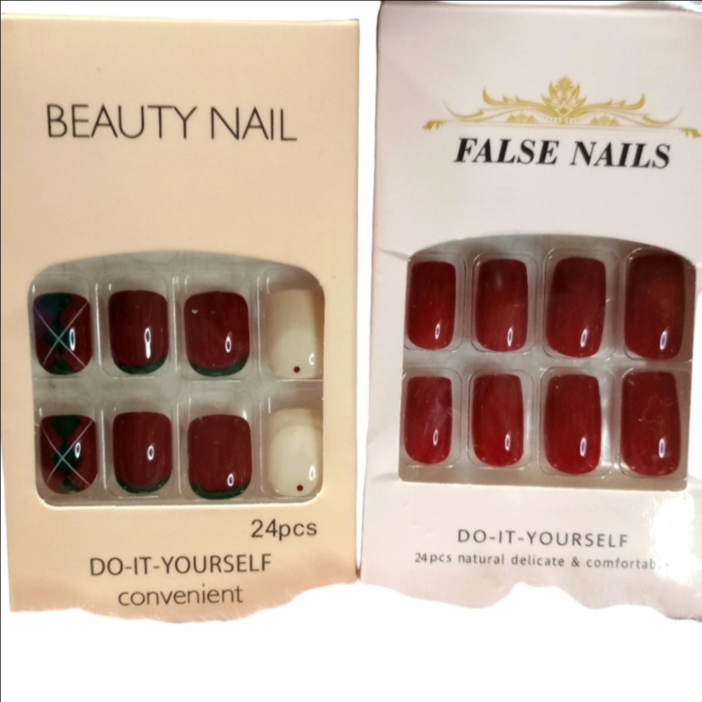 False Nails Red Burgundy Square Round Short Medium NWT